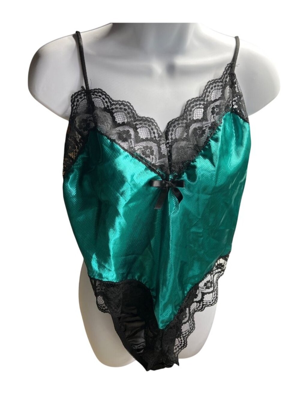 Lady Cameo Dallas Green Satin & Black Lace Teddy Medium Made In USA Vintage  41i